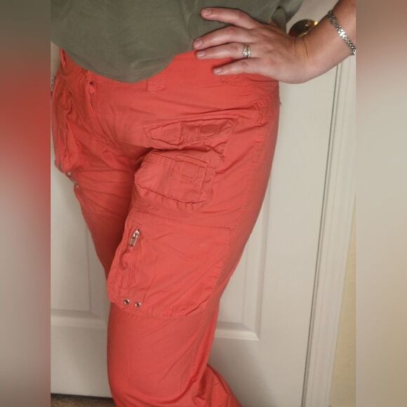 Lulu-B 10 Coral Red Full Length Roll Up Zipper Cargo Women’s Pants - Picture 3 of 14